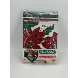 Vintage Christmas Poinsettia Tablecloth 60x102 Oblong NIP Trim A Home Kmart